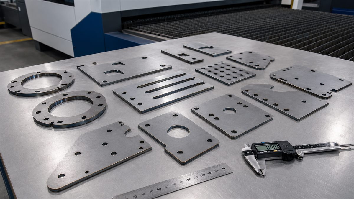 Precision laser-cut metal parts on inspection table