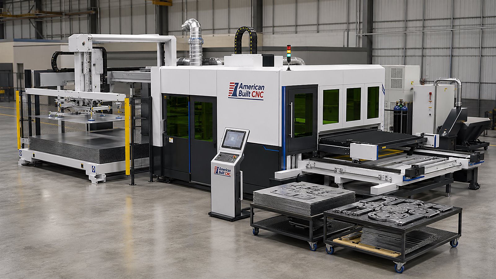 ABC fiber-laser production cell with loading, pallet flow, unloading, and part handling